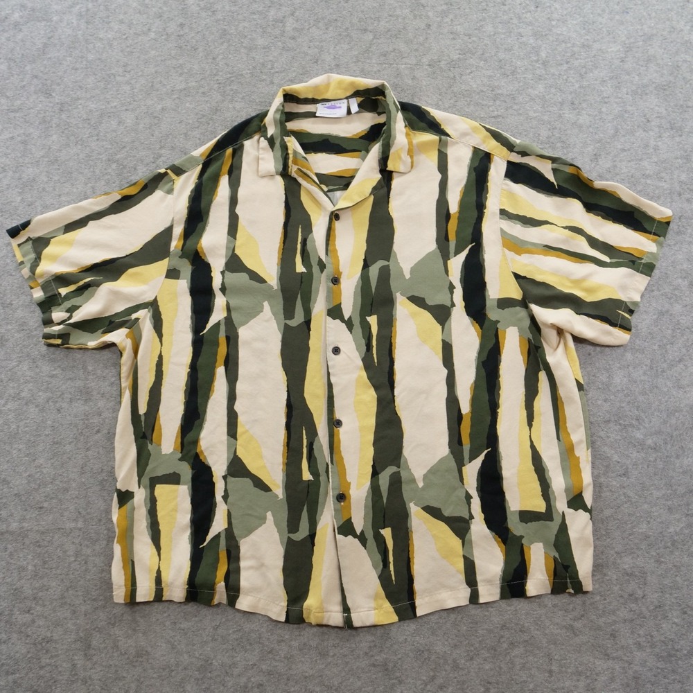 Asos Shirt Mens Large Green Beige Abstract Print Camp Collar Short Sleeve